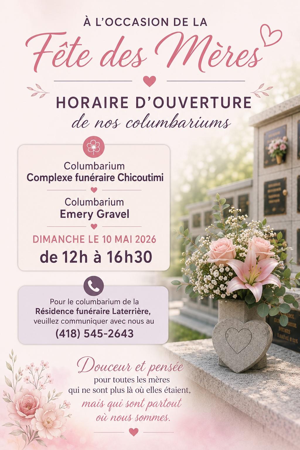Fêtes des Mères 2026 Ouverture des columbariums